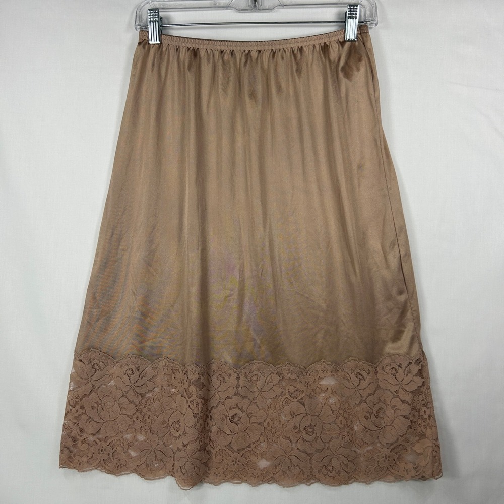 Vintage Nude Slip Skirt Lace Trim Midi Taupe Retro Undergarment